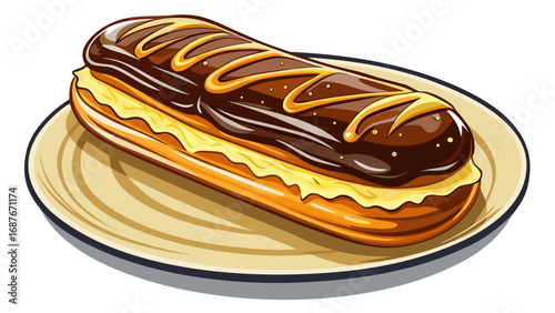 Chocolate-glazed éclair shines with glossy perfection, filled with custard cream. Resting on an elegant dish, isolated on white background, it embodies French pastry tradition, indulgence, and gracefu