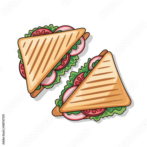 Two delicious grilled triangle sandwiches with fresh vegetables on a white background