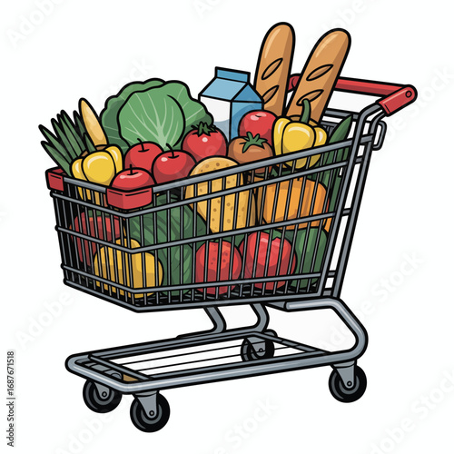 Full grocery cart overflowing with fresh produce and baguettes