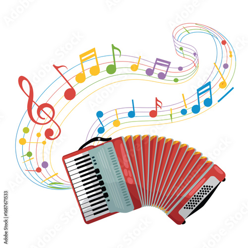 Red accordion with colorful musical notes and staff