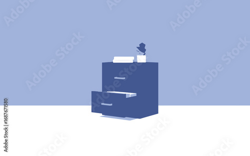 Dark blue filing cabinet with drawers and office supplies on a white and blue background