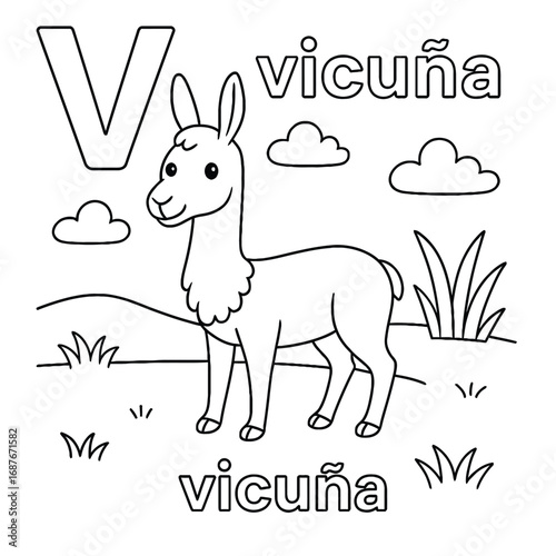Coloring page of a vicuña with the letter v and clouds in a simple landscape for children's education