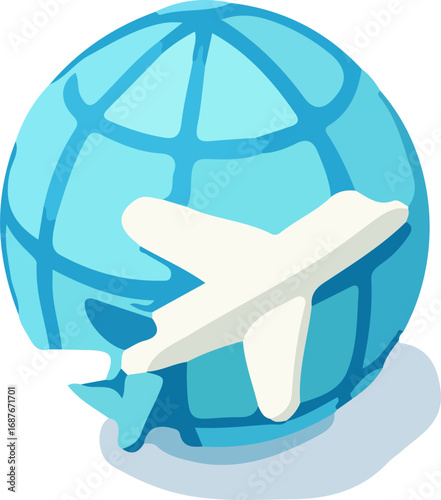 A simple graphic icon of a white airplane flying across a light blue globe, symbolizing international travel and aviation.
