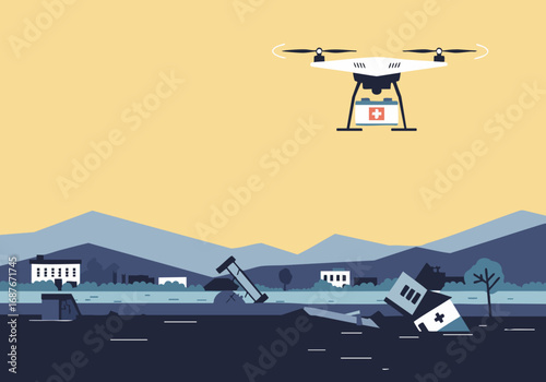 A drone delivers aid to a disaster zone, showcasing efficient delivery and a hopeful scene. Modern, clean design.
