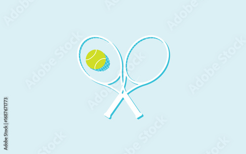 Two tennis rackets and a tennis ball on a light blue background