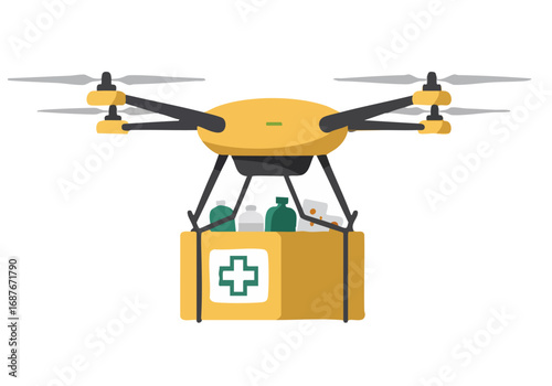 A drone delivers medical supplies, showcasing efficient relief flow. Modern, flat design with a bright, clean aesthetic. Ideal for healthcare and logistics visuals.
