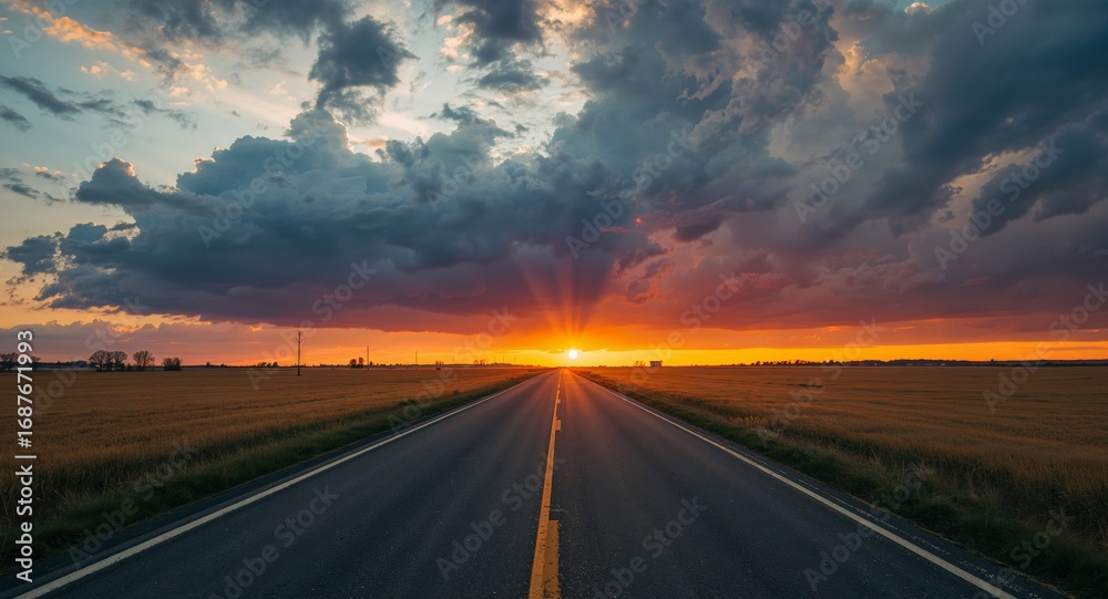 Naklejka premium Road to the Horizon. A Dramatic Sky and the Promise of a New Beginning.