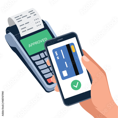 Hand holding smartphone making contactless payment at credit card terminal