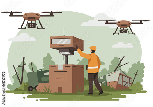 Drones deliver aid to a worker inspecting a damaged structure. A modern, eco-friendly approach to disaster relief. Clear, vibrant illustration.