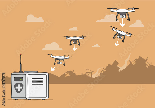 Drones survey a disaster zone, assisting Zone Aid responders. A remote control unit directs the aerial operation amidst rubble and smoke. Modern, illustrative style.