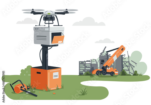A drone inspects a damaged building site with a thermal camera. Industrial setting, showcasing innovative technology for disaster response. Modern, clear composition.