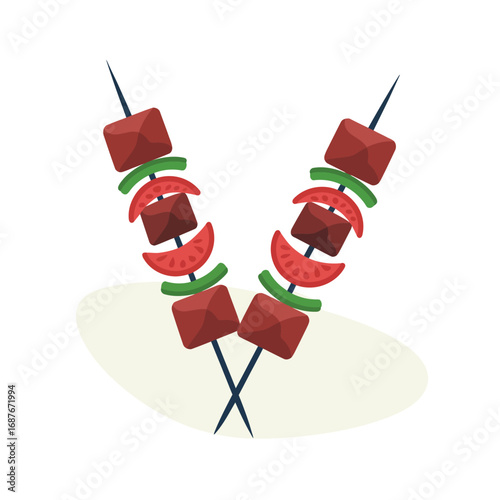 Two delicious meat and vegetable skewers on a light background