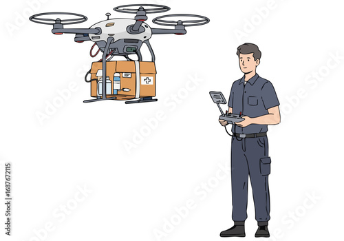 A professional operator controls a delivery drone carrying a package. Modern