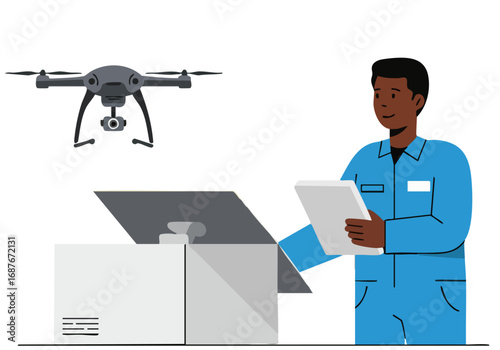 A technician oversees a drone inspecting a shipping container. A professional man reviews data on a tablet, showcasing drone technology and logistics. Modern, clean, and focused.