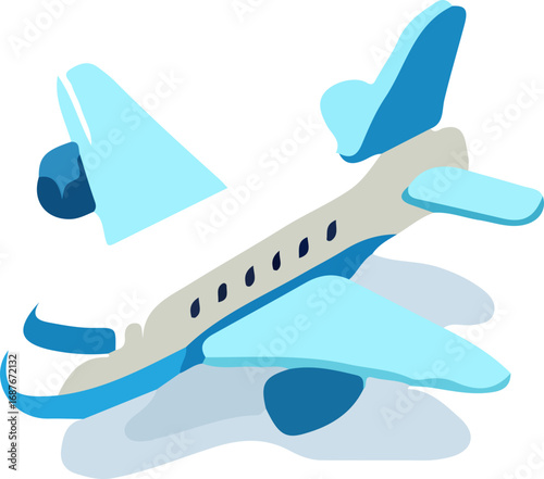 A stylized illustration of a light blue and white airplane with its wings and tail detached, set against a white background.