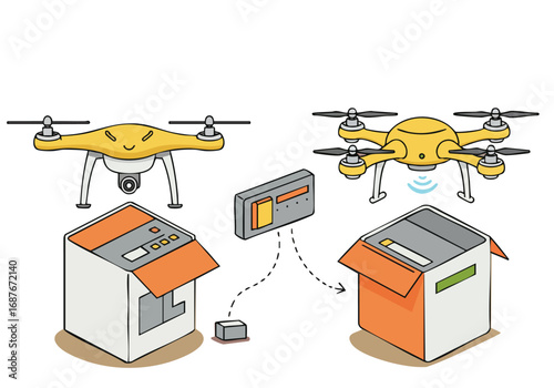 Two drones deliver a package to a shipping box. Illustrative graphic showcasing drone delivery technology. Modern, flat design.