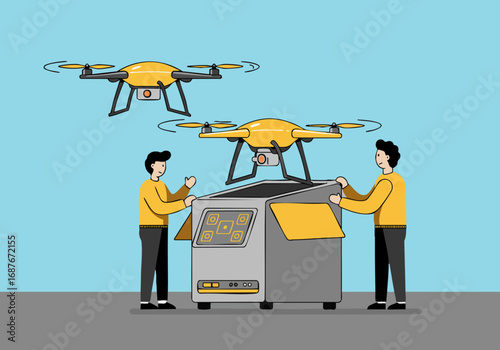 Two professionals operate a drone launch system. Dynamic, modern illustration showcasing technology and efficiency. Bright, clean design.