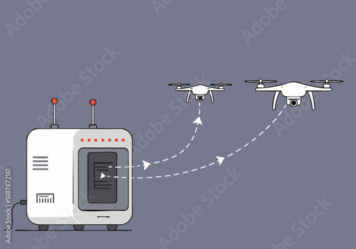 A robotic control station initiates drone launches, showcasing a modern aerial operation. Clean lines and a dynamic composition highlight the technology.