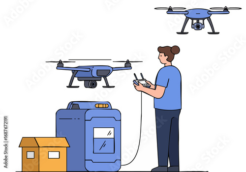 A woman operates a drone with a printer, showcasing test relief. Modern illustration style, clean lines, and a professional setting. Ideal for tech, logistics, and delivery concepts.