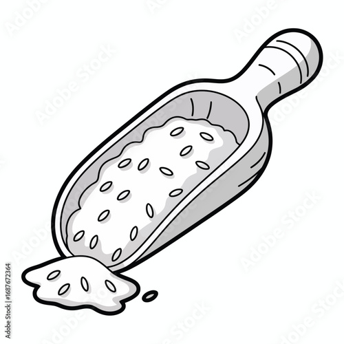 Wooden scoop filled with granular material and seeds