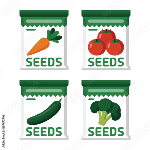 Four seed packets featuring carrot tomato cucumber and broccoli