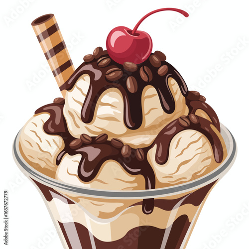 Delicious ice cream sundae with chocolate sauce and cherry