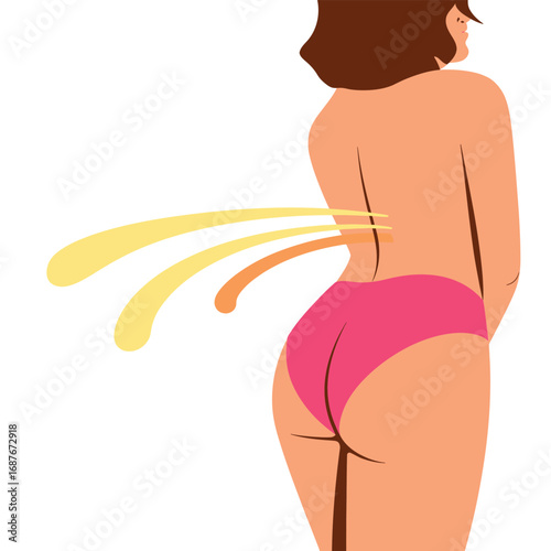 Woman in pink bikini bottoms with yellow gas or odor coming from behind