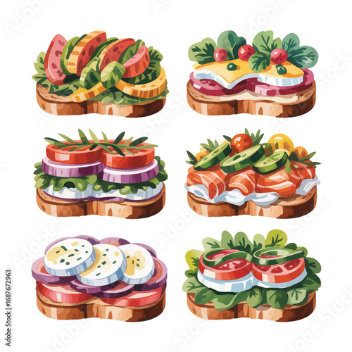 Watercolor illustrations of six different open faced sandwiches with fresh ingredients