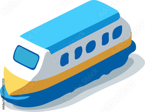 Isometric illustration of a modern high-speed train with a blue and yellow color scheme.