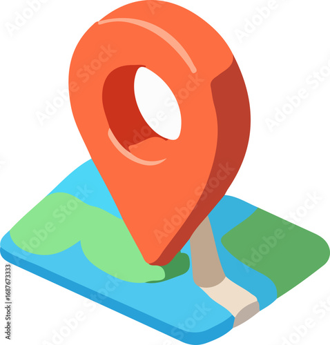 A vibrant orange location pin icon marking a destination on a stylized isometric map.