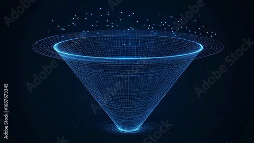 Glowing blue data stream entering digital funnel on dark background
