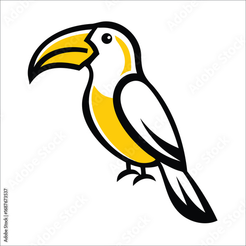 A stylized toucan illustration, yellow and white, on a white background.