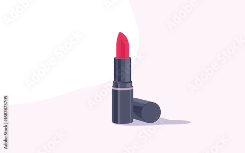 Vibrant red lipstick in a black tube with cap beside it