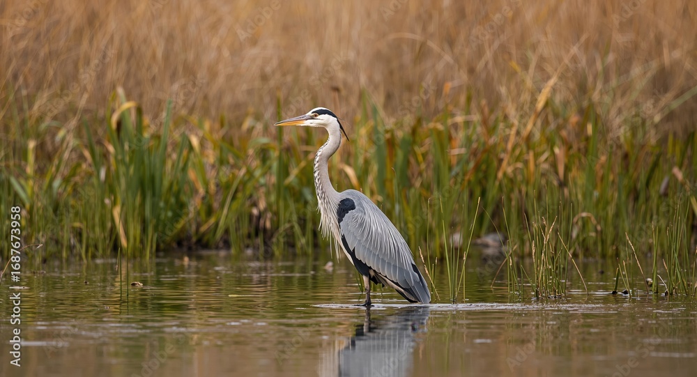Naklejka premium Serene Waterbird. A Study in Grey, Green, and Brown Against a Blurry Backdrop.