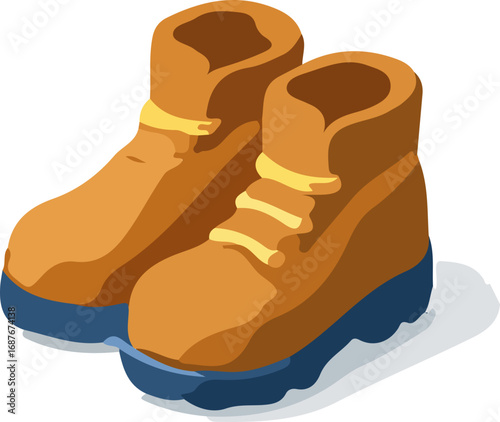 Pair of brown hiking boots, isometric view, showing details like laces and tread.