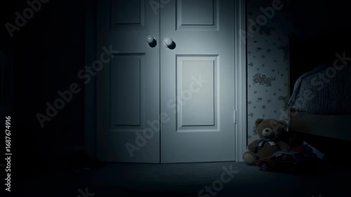 Closet door slowly opening in dark bedroom with teddy bear for spooky monster horror concept footage
