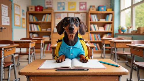 Funny dachshund dog dressed in shirt and backpack sitting at a school desk with an open notebook, playful classroom education concept, back to school theme.