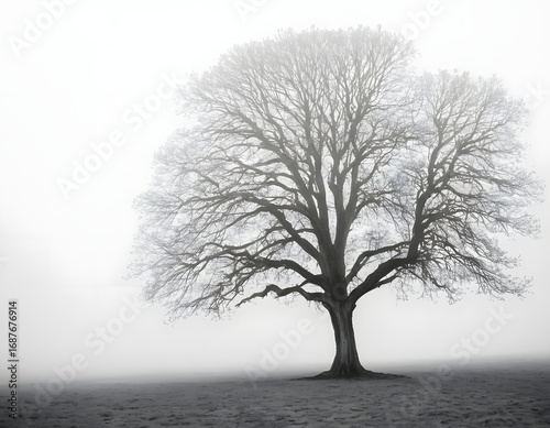 Black and White Solitary Tree in a Foggy Field - Minimalist Nature Art
