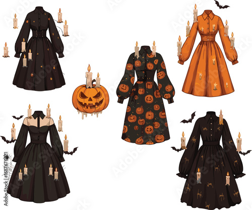 Halloween dress collection, spooky fashion, pumpkin theme, bat print, spider web design, candle motif, autumn party outfit, gothic style clothing