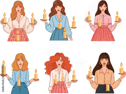 Ceremonial women holding candles, diverse outfits and hairstyles, cultural celebration, traditional lighting ritual, festive illustration, unity, harmony, peace, spirituality, art