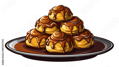 Golden profiteroles stacked gently, drizzled with chocolate sauce. On a dark refined plate, isolated white background enhances their charm, evoking festive gatherings, sweetness, and French patisserie