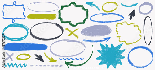 Hand drawn brush ellipses, ovals, bubble outlines for highlighting text set. Marker style doodle circles, rough crayon round shapes, geometric ink elements in vector design. Thin and thick lines.