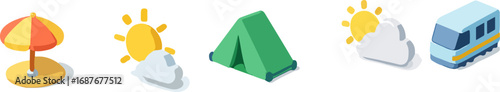 Isometric travel and vacation icons set for summer holiday.