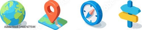 A collection of four isometric icons representing travel and navigation: a globe, a map pin, a compass, and a directional signpost.