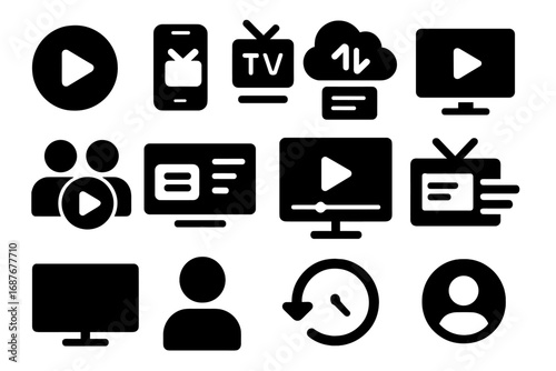 Streaming TV Icons. Solid style icons of streaming TV content: streaming play icon, mobile TV screen, cloud sync TV,