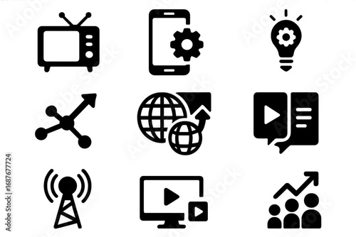 Media Evolution Icons. Solid style icons of media trends and evolution: old vs new media, digital transformation, media innovation