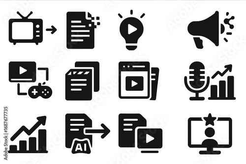 Media Evolution Icons. Solid style icons of media trends and evolution: old vs new media, digital transformation, media innovation