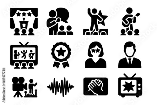 TV Entertainment Icons. Solid style icons of TV entertainment: award show stage, stand-up comedy, talent competition, musical