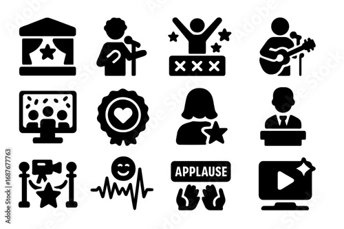 TV Entertainment Icons. Solid style icons of TV entertainment: award show stage, stand-up comedy, talent competition, musical