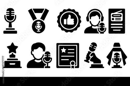 Radio Icon Awards. Solid style icons of radio awards and recognition: golden mic trophy, broadcaster medal, listener’s choice